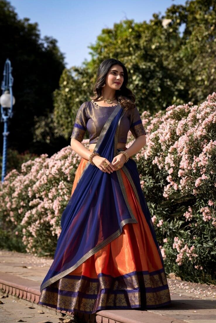 Blue and Coral Festive Lehenga Choli