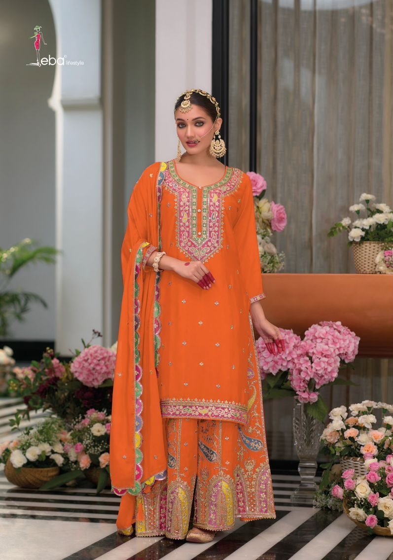 Orange Embroidered Sharara Suit