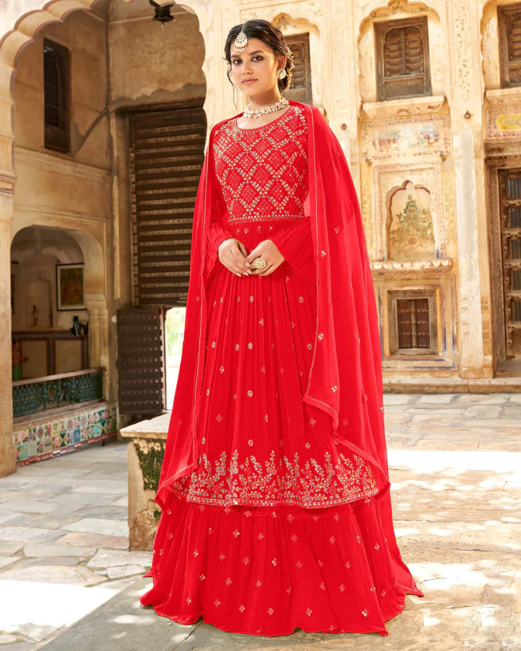 Red Bell Sleeves Naira Cut Lehenga Set