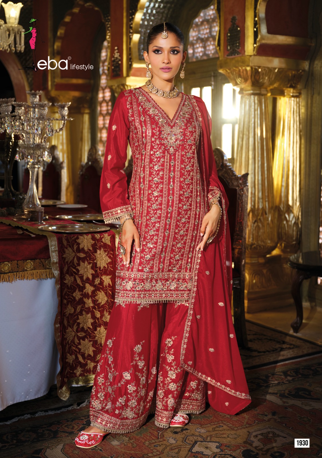 Rani Crimson Festive Embroidery Palazzo Suit