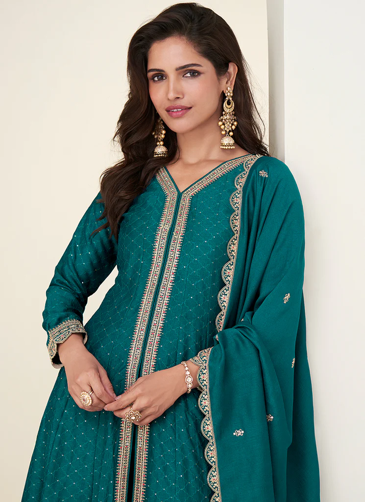 Turquoise Embroidered Slit Style Anarkali Pant Suit