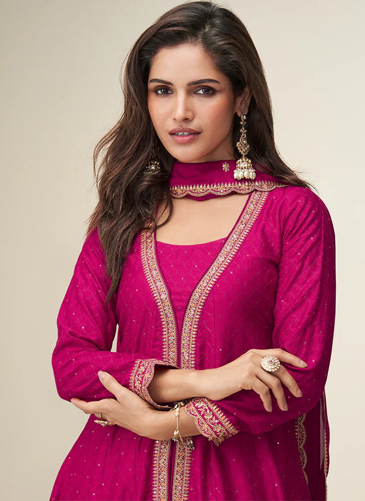 Magenta Embroidered Slit Style Anarkali Pant Suit