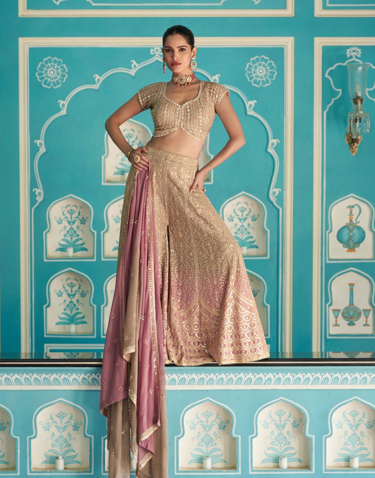 Golden Beige Palazzo Suit with Pink Dupatta